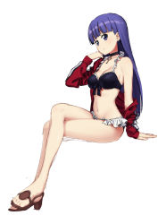 Rule 34 | 1girl, arm support, bare legs, bikini, black bikini, black neckwear, blue eyes, blue hair, blunt bangs, blush, breasts, closed mouth, cross, cross necklace, crossed legs, fate (series), frilled bikini, frills, from side, full body, highres, ikezawa shin, jacket, jewelry, long hair, long sleeves, looking at viewer, looking to the side, martha (fate), martha (swimsuit ruler) (fate), martha (swimsuit ruler) (second ascension) (fate), medium breasts, navel, necklace, off shoulder, red jacket, sandals, simple background, single bare shoulder, sitting, smile, solo, swimsuit, white background