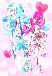 Rule 34 | &gt; &lt;, 2girls, back, back-to-back, blue bow, blue eyes, blue hair, blue skirt, boots, bow, bowtie, brooch, chypre (heartcatch precure!), clenched hand, closed mouth, coffret (heartcatch precure!), cross-laced clothes, cross-laced dress, cure blossom, cure marine, dress, drill hair, eyelashes, flower, footwear ribbon, frilled sleeves, frills, from behind, full body, gloves, hair bow, hair flower, hair ornament, hanasaki tsubomi, heart, heart background, heart brooch, heart hair ornament, heartcatch precure!, high heel boots, high heels, high ponytail, jewelry, jutu, knees, kurumi erika, long hair, looking at viewer, looking back, magical girl, multiple girls, open mouth, pink background, pink bow, pink bowtie, pink eyes, pink hair, pink ribbon, pink skirt, precure, puffy short sleeves, puffy sleeves, ribbon, short dress, short sleeves, simple background, skirt, smile, thighhighs, v-shaped eyebrows, very long hair, wavy hair, white dress, white flower, white footwear, white gloves, white sleeves, white thighhighs, wrist flower