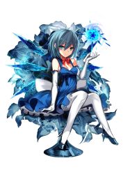 Rule 34 | 1girl, blue eyes, blue hair, bow, bowtie, breasts, cirno, danmaku, detached collar, dress, elbow gloves, flower, formal, gloves, hair bow, high heels, highres, ice, ice shoes, ice wings, karlwolf, looking at viewer, matching hair/eyes, medium breasts, aged up, pantyhose, red bow, red bowtie, sash, shaded face, short hair, sitting, smile, solo, throne, touhou, white pantyhose, wings