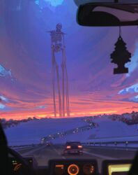 Rule 34 | air freshener, artist name, bird, car, car interior, cloud, commentary, driving, english commentary, flock, forest, gashadokuro, giant, giant skeleton, gradient sky, guard rail, highres, highway, jocelin carmes, motor vehicle, nature, original, outdoors, pov, rear-view mirror, road, scenery, signature, skeleton, sky, snow, standing, sunset, tree, twilight