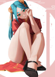 Rule 34 | 1girl, absurdres, alternate costume, aqua hair, black footwear, bun cover, china dress, chinese clothes, closed mouth, dress, green eyes, highres, knees up, looking at viewer, monogatari (series), nemo ringo, on ground, ononoki yotsugi, pelvic curtain, red dress, sitting, solo, thick eyebrows, twintails