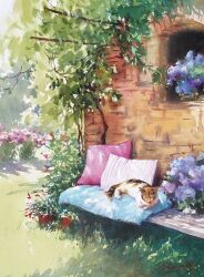Rule 34 | animal, bench, building, cat, cushion, flower, garden, hanging plant, leaf, lying, nara watercolor, on stomach, original, painting (medium), plant, potted plant, purple flower, red flower, sleeping, traditional media, vines, watercolor (medium), window, wooden bench