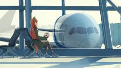 Rule 34 | 1girl, absurdres, aircraft, airplane, airport, animal ears, bench, black pantyhose, blunt bangs, blurry, blush, coat, dated, depth of field, ear covers, hairband, highres, hime cut, horse ears, horse girl, horse tail, indoors, laminar flow, orange hair, pantyhose, shadow, signature, silence suzuka (umamusume), sitting, sky, smile, solo, tail, umamusume, window