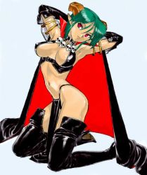 Rule 34 | 1990s (style), armlet, armpits, arms behind head, arms up, boots, breasts, cape, carrera, cleavage, collar, covered erect nipples, demon girl, elbow gloves, gloves, green hair, halterneck, horns, kneeling, loincloth, navel, pointy ears, red hair, retro artstyle, short hair, simple background, sogna, thigh boots, thighhighs, thighs, viper, viper gtb