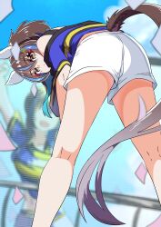 1girl absurdres akkunz animal_ears ass bare_shoulders blue_hair blue_nails blue_shirt blue_sky blurry blurry_background brown_hair clothing_cutout cloud cloudy_sky colored_inner_hair commentary_request confetti daitaku_helios_(umamusume) ear_covers ear_piercing embla_(closed-off_bride)_(fire_emblem) facial_tattoo feet_out_of_frame from_behind hair_between_eyes highres horse_ears horse_girl jewelry lens_flare looking_at_viewer looking_back multicolored_hair multicolored_nails necklace outdoors partial_commentary piercing shirt short_sleeves side_ponytail sky smile solo streaked_hair tail tail_through_clothes tattoo two-tone_shirt umamusume yellow_eyes yellow_shirt