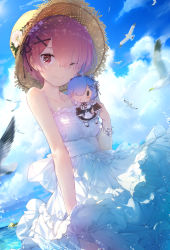 Rule 34 | 1girl, ;), animal, bare arms, bare shoulders, bird, black ribbon, blue sky, blush, breasts, brown hat, character doll, closed eyes, closed mouth, cloud, cloudy sky, collarbone, commentary request, day, doll, dress, flower, hair ornament, hair over one eye, hair ribbon, hairclip, hat, hat flower, highres, holding, holding doll, horizon, linfi-muu, motion blur, ocean, one eye closed, outdoors, pink hair, ram (re:zero), re:zero kara hajimeru isekai seikatsu, red eyes, rem (re:zero), ribbon, seagull, short hair, sky, sleeveless, sleeveless dress, small breasts, smile, solo, straw hat, water, white dress, white flower, x hair ornament