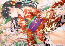 Rule 34 | 1girl, 31 (poping31), arms at sides, bare legs, black hair, blunt bangs, closed eyes, commentary request, cowboy shot, field, floral print, flower, flower field, from above, grass, hair ornament, head tilt, japanese clothes, kimono, lips, long hair, long sleeves, lying, obi, on back, original, parted lips, red kimono, sash, sidelocks, sleeping, solo, wide sleeves
