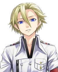 Rule 34 | 1boy, blonde hair, blue eyes, breast pocket, buttons, close-up, daryl yan, guilty crown, hair between eyes, high collar, highres, jacket, looking at viewer, male focus, military, military jacket, military uniform, parted lips, pin, pocket, short hair, simple background, solo, sugi 214, uniform, white background
