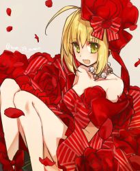 Rule 34 | 10s, 1girl, :d, ahoge, bare shoulders, blonde hair, breasts, collarbone, dress, fate/extra, fate (series), green eyes, headwear request, jewelry, looking at viewer, medium breasts, mom 29 mom, necklace, nero claudius (fate), nero claudius (fate) (all), nero claudius (fate/extra), official alternate costume, open mouth, petals, sitting, smile, solo