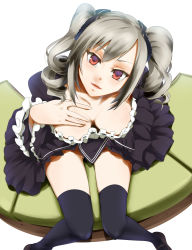 Rule 34 | 10s, 1girl, black dress, black thighhighs, breasts, cleavage, downblouse, dress, drill hair, from above, hair ribbon, hand on own chest, highres, idolmaster, idolmaster cinderella girls, kanzaki ranko, large breasts, long legs, looking at viewer, looking up, magukappu, red eyes, ribbon, silver hair, sitting, solo, thighhighs, twin drills, twintails, zettai ryouiki