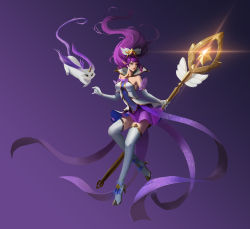 Rule 34 | absurdres, bare shoulders, blue eyes, breasts, dress, duoduo luo di guowang, elbow gloves, gloves, gradient background, hair ornament, high heels, highres, holding, holding staff, janna (league of legends), large breasts, league of legends, long hair, magical girl, official alternate costume, pointy ears, purple dress, purple hair, staff, star (symbol), star guardian (league of legends), star guardian janna, thighhighs, white dress, white legwear