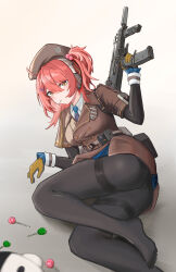 Rule 34 | absurdres, ahoge, beret, blush, breasts, candy, expressionless, feet out of frame, food, girls&#039; frontline, girls&#039; frontline 2: exilium, gloves, gun, h&amp;k mp7, hair ornament, hairclip, hat, highres, jacket, lollipop, looking at viewer, medium breasts, medium hair, mp7 (girls&#039; frontline), no shoes, pantyhose, personal defense weapon, red hair, shen yangyang, side ponytail, solo, submachine gun, suppressor, thighband pantyhose, trigger discipline, weapon, yellow eyes