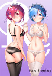 Rule 34 | 10s, 2girls, :o, adjusting clothes, adjusting legwear, amakusa tobari, ass, back, black bra, black legwear, black panties, black vs white, blue eyes, blue hair, blush, bow, bow bra, bow panties, bra, breasts, cleavage, commentary request, copyright name, eyes visible through hair, from behind, gluteal fold, hair ornament, hair over one eye, hand on own chest, hands in pockets, lace, lace-trimmed bra, lace-trimmed panties, lace bra, lace panties, lace trim, lingerie, looking at viewer, looking back, maid headdress, matching hair/eyes, medium breasts, multiple girls, navel, panties, parted lips, ram (re:zero), re:zero kara hajimeru isekai seikatsu, red eyes, red hair, rem (re:zero), ribbon, short hair, siblings, sisters, skindentation, standing, thigh gap, thighhighs, thighs, twins, twitter username, underwear, underwear only, white bra, white legwear, white panties, x hair ornament