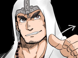 Rule 34 | 1boy, bara, cross scar, eyebrow stubble, facial hair, goatee stubble, grin, hood, hood up, houzouin oniwaka, long sideburns, male focus, msk hsm, pointing, pointing at self, portrait, scar, scar on face, scar on forehead, short hair, sideburns, smile, solo, stubble, thick eyebrows, tokyo houkago summoners, v-shaped eyebrows