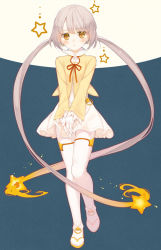 Rule 34 | amamiya chiharu, commentary request, full body, hair ornament, long hair, original, own hands together, silver hair, solo, standing, standing on one leg, star (symbol), star hair ornament, twintails, very long hair, white legwear, yellow eyes