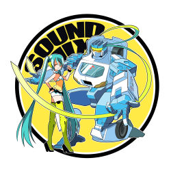 Rule 34 | 1girl, armor, blue hair, closed mouth, crossover, hatsune miku, holding, long hair, looking at viewer, machinery, rkp, simple background, size difference, smirk, soundwave (transformers), standing, thighhighs, transformers, very long hair, vocaloid, white background, yellow (vocaloid)