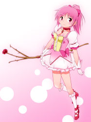 Rule 34 | 1girl, aged up, blush, bow, branch, breasts, choker, cleavage, closed mouth, dress, gloves, kaname madoka, kouga (hipporit), magical girl, mahou shoujo madoka magica, mahou shoujo madoka magica (anime), medium breasts, pink background, pink bow, pink choker, pink dress, pink eyes, pink gloves, pink hair, pink legwear, ponytail, red footwear, smile, staff