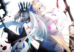 Rule 34 | 2girls, artoria caster (fate), artoria caster (third ascension) (fate), artoria pendragon (fate), blonde hair, blue eyes, blue lips, crown, facial mark, falling petals, fate/grand order, fate (series), forehead mark, green eyes, highres, marmyadose (fate), morgan le fay (fate), morgan le fay (queen of winter) (fate), multiple girls, petals, simple background, veil, weapon, white background, white hair, yamano udumi