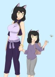 Rule 34 | 2girls, absurdres, age difference, aged down, animal ears, backpack, bag, bee, bee wings, black hair, blake belladonna, blue background, bracelet, breasts, bug, cat ears, cat girl, cat smile, child, cleavage, closed mouth, collarbone, earrings, fang, faunus (rwby), hands up, happy, height difference, highres, holding hands, insect, jewelry, kali belladonna, large breasts, long sleeves, looking down, looking to the side, mature female, medium hair, mother and daughter, multiple girls, open mouth, pants, purple pants, purple shirt, rwby, sash, shirt, simple background, sleeveless, smile, standing, tagme, teeth, tongue, vest, wings, yellow eyes