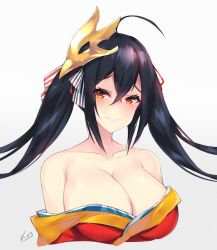 Rule 34 | ahoge, azur lane, bare shoulders, black hair, blush, breasts, cleavage, crossed bangs, hair between eyes, heart, heart-shaped pupils, huge breasts, japanese clothes, kimono, kuavera, large breasts, long hair, looking at viewer, mask, mask on head, red eyes, red kimono, signature, smile, solo, symbol-shaped pupils, taihou (azur lane), twintails, very long hair