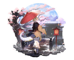 Rule 34 | 1girl, architecture, blonde hair, blue sky, bridge, cherry blossoms, closed mouth, day, east asian architecture, from behind, highres, holding, holding umbrella, japanese clothes, kimono, lantern, looking at viewer, looking back, official art, oil-paper umbrella, outdoors, red umbrella, ryota-h, sky, smile, solo, tail, tree, umbrella, white legwear, yellow eyes