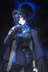 Rule 34 | 1girl, black beret, blue coat, blue eyes, blue hair, blue necktie, blue pants, breasts, chain, chain earrings, cleavage, coat, coat on shoulders, gloves, hair intakes, head tilt, highres, hololive, hololive english, lapel pin, large breasts, looking at viewer, medal, military uniform, necktie, official alternate hairstyle, ouro kronii, ouro kronii (4th costume), pants, quasarcake, solo, two-sided coat, two-sided fabric, uniform, virtual youtuber, white gloves, wolf cut