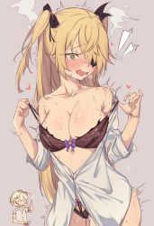 Rule 34 | 1boy, 1girl, bare shoulders, bennett (genshin impact), black bra, black panties, blonde hair, bow, bra, breasts, cleavage, collarbone, controller, cowboy shot, eyepatch, fischl (genshin impact), genshin impact, green eyes, hair bow, hair over one eye, hands up, highres, kkry99, large breasts, long hair, looking at viewer, off shoulder, open mouth, panties, remote control, remote control vibrator, shirt, solo focus, strap pull, sweat, two side up, underwear, very long hair, vibrator, vibrator under clothes, wavy mouth, white shirt, wireless sex toy controller