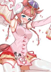 Rule 34 | 1girl, agnes digital (lovely jiangshi) (umamusume), agnes digital (umamusume), animal ears, armpits, arms up, blue eyes, blush, braid, breasts, commentary request, corrupted twitter file, detached sleeves, double bun, hair bun, hat, heart, highres, horse ears, horse girl, horse tail, kumiyabe, long hair, long sleeves, looking at viewer, medium breasts, official alternate costume, official alternate hairstyle, ofuda, ribbon, simple background, sleeves past fingers, sleeves past wrists, solo, sweat, tail, talisman, thighhighs, tongue, tongue out, twin braids, umamusume, white background, white thighhighs