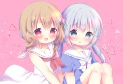 Rule 34 | 2girls, :o, blue dress, blue eyes, blue hair, blush, bow, commentary request, dress, gochuumon wa usagi desu ka?, hair between eyes, hair ornament, highres, hoto cocoa, kafuu chino, light brown hair, long hair, looking at viewer, low twintails, multiple girls, neckerchief, parted lips, pink background, red eyes, red neckerchief, rin (fuwarin), sailor collar, short sleeves, sleeveless, sleeveless dress, twintails, very long hair, white bow, white dress, white sailor collar, x hair ornament