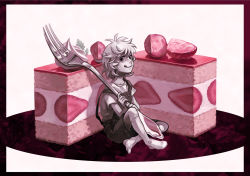 Rule 34 | cake, cross-section, food, fork, fruit, male focus, mini person, miniboy, original, oversized object, pastry, solo, strawberry, tongue, yukihiko
