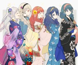 Rule 34 | 5girls, alternate hairstyle, arms around waist, blue eyes, blue hair, braid, byleth (female) (fire emblem), byleth (fire emblem), celica (fire emblem), commentary request, corrin (female) (fire emblem), corrin (fire emblem), fire emblem, fire emblem: three houses, fire emblem awakening, fire emblem echoes: shadows of valentia, fire emblem fates, floral print, flower, green hair, hair flower, hair ornament, hand on another&#039;s shoulder, japanese clothes, kimono, long hair, looking at viewer, lucina (fire emblem), medium hair, multiple girls, nintendo, open mouth, red eyes, robin (female) (fire emblem), robin (fire emblem), sasaki (dkenpisss), side braid, silver hair, smile, twintails