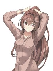 Rule 34 | 1girl, breasts, brown eyes, brown hair, brown sweater, collarbone, hair between eyes, hair intakes, highres, kantai collection, long hair, long sleeves, looking at viewer, medium breasts, negahami, ponytail, ribbed sweater, simple background, smile, solo, sweater, tying hair, upper body, very long hair, white background, wristband, yamato (kancolle)