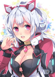 Rule 34 | 1girl, ahoge, black bra, bra, breasts, cleavage, cleavage cutout, clothing cutout, collarbone, floating hair, hair between eyes, hairband, jewelry, large breasts, long hair, looking at viewer, matoi (pso2), milkpanda, necklace, open mouth, phantasy star, phantasy star online 2, red eyes, red hairband, silver hair, solo, underwear, upper body