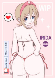 Rule 34 | 1girl, :p, absurdres, ass, backboob, bikini, blue eyes, breasts, brown hair, creatures (company), game freak, hand on own hip, heart, highres, irida (pokemon), legs, looking at viewer, looking back, medium breasts, misune art, nintendo, pokemon, pokemon legends: arceus, short hair, smile, solo, spoken heart, swimsuit, thick thighs, thighs, thong bikini, tongue, tongue out