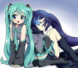 Rule 34 | 10s, all fours, aqua hair, bad id, bad pixiv id, bare shoulders, black rock shooter, black rock shooter (character), blue eyes, blue hair, blush, boots, detached sleeves, hatsune miku, headset, long hair, maruki (punchiki), necktie, skirt, thighhighs, twintails, vocaloid, zettai ryouiki
