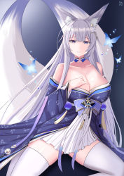 Rule 34 | 1girl, absurdres, animal ear fluff, animal ears, azur lane, black background, blue background, blue butterfly, blue collar, blue kimono, breasts, bug, butterfly, collar, collarbone, elina (eri15), fox ears, fox girl, gradient background, hair between eyes, hand on own chest, highres, insect, japanese clothes, kimono, kitsune, large breasts, looking at viewer, multiple tails, off shoulder, sakura empire (emblem), shinano (azur lane), skirt, smile, solo, tail, thighhighs, white skirt, white tail, white thighhighs