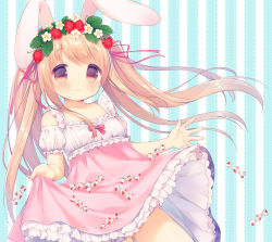 Rule 34 | 1girl, animal ears, bare shoulders, blush, brown hair, candy, candy wrapper, collarbone, dress, flower, food, fruit, head wreath, long hair, original, rabbit ears, red eyes, smile, solo, strawberry, twintails, usashiro mani