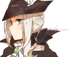 Rule 34 | 1girl, artist name, ascot, blonde hair, bloodborne, blue eyes, gem, hat, image sample, lady maria of the astral clocktower, long hair, maou skun, ponytail, solo, the old hunters