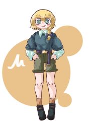 Rule 34 | 1girl, :q, alternate costume, belt, black footwear, blonde hair, blue eyes, blue sweater, blush, bow, braid, bright pupils, brown socks, closed mouth, collared shirt, commentary request, cookie (touhou), full body, grey shorts, hair between eyes, hair bow, hands in pockets, highres, kirisame marisa, layered sleeves, loafers, long sleeves, looking at viewer, medium bangs, meguru (cookie), purple belt, purple bow, shirt, shoes, short hair, short over long sleeves, short sleeves, shorts, side braid, single braid, smile, socks, solo, standing, sweater, sznkrs, thick eyebrows, tongue, tongue out, touhou, white background, white pupils, white shirt