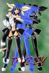Rule 34 | 1girl, arc system works, blue hair, boots, choker, clenched hand, dizzy (guilty gear), guilty gear, hair ribbon, hand on own hip, hip focus, red eyes, ribbon, solo, tail, thighhighs, zoom layer