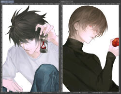 Rule 34 | 2boys, 8knff, apple, black eyes, black hair, black shirt, blue pants, brown hair, death note, denim, food, fruit, hair between eyes, holding, holding food, holding fruit, holding hourglass, hourglass, jeans, l (death note), long sleeves, looking at viewer, male focus, messy hair, multiple boys, pants, parted lips, red eyes, shirt, short hair, turtleneck, upper body, white background, white shirt, yagami light