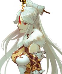 Rule 34 | 1girl, bare shoulders, breasts, chinese clothes, closed mouth, elbow gloves, fur collar, genshin impact, gloves, highres, lips, long hair, looking at viewer, medium breasts, mistermagnolia, ningguang (genshin impact), red eyes, smile, solo, white background, white hair