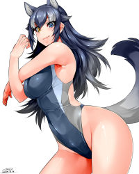 Rule 34 | 10s, 1girl, alternate costume, animal ears, arched back, bare shoulders, black hair, blue eyes, blush, breasts, competition swimsuit, cowboy shot, dated, extra ears, from side, gradient hair, grey hair, grey wolf (kemono friends), groin, hair between eyes, happa (cloverppd), heterochromia, hip focus, kemono friends, long hair, looking at viewer, medium breasts, multicolored hair, one-piece swimsuit, outline, shiny skin, signature, simple background, smile, solo, standing, streaked hair, stretching, swimsuit, tail, thighs, very long hair, white background, wolf ears, wolf tail, yellow eyes