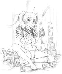 Rule 34 | 1girl, beer can, can, can stack, commentary request, competition swimsuit, drink can, greyscale, highres, himeazusa, holding, holding can, hole in wall, imori 201, indoors, looking at viewer, maki imori, monochrome, on floor, one-piece swimsuit, open mouth, school uniform, serafuku, short hair with long locks, sidelocks, sitting, solo, swimsuit, swimsuit under clothes, thighhighs, thighhighs pull, twintails, wristband