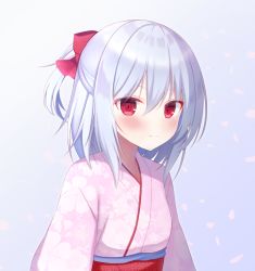 Rule 34 | 1girl, arms at sides, blue background, blush, bow, breasts, cherry blossoms, closed mouth, commentary request, firepo, floral print, gradient background, hair between eyes, hair bow, highres, japanese clothes, kimono, looking at viewer, obi, pink kimono, print kimono, red bow, red eyes, remilia scarlet, sash, short hair, small breasts, smile, solo, touhou, upper body, v-shaped eyebrows, white background, white hair