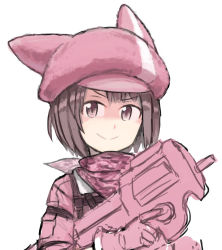 Rule 34 | &gt;:), 10s, 1girl, animal hat, artist name, bullpup, ergot, gun, hat, llenn (sao), looking at viewer, p-chan (sao), p90, personal defense weapon, pink theme, scarf, shaded face, simple background, sketch, smile, solo, submachine gun, sword art online, sword art online alternative: gun gale online, trigger discipline, uniform, upper body, v-shaped eyebrows, weapon, white background