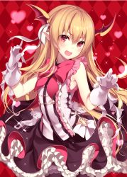 Rule 34 | 1girl, argyle, argyle background, argyle clothes, blonde hair, blush, dress, fang, gloves, granblue fantasy, hair ribbon, head wings, heart, heart-shaped pupils, highres, homaderi, looking at viewer, open mouth, pointy ears, red background, red eyes, ribbon, shadowverse, shingeki no bahamut, sleeveless, sleeveless dress, solo, symbol-shaped pupils, vampy, white gloves, white ribbon, wings