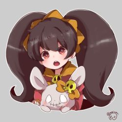 Rule 34 | 1girl, :o, artist name, ashley (warioware), big hair, black hair, blush, cropped torso, dot nose, eyebrows, female focus, grey background, hairband, holding, holding stuffed toy, long hair, meiwari, neckwear request, nintendo, open mouth, orange hairband, orange neckwear, red eyes, sidelocks, simple background, skull, solo, stitched mouth, stitches, stuffed animal, stuffed rabbit, stuffed toy, teeth, twintails, upper body, upper teeth only, warioware, witch