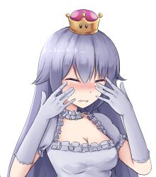 Rule 34 | 1girl, breasts, cleavage, closed eyes, crown, danraz0r, dress, elbow gloves, gloves, hair between eyes, highres, long hair, looking at viewer, luigi&#039;s mansion, mario (series), medium breasts, new super mario bros. u deluxe, nintendo, personification, princess king boo, shy, solo, super crown, white dress, white gloves