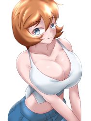 Rule 34 | 1girl, asymmetrical hair, bare legs, blush, breasts, cleavage, cowboy shot, creatures (company), curvy, denim, denim shorts, game freak, gen 1 pokemon, gen 2 pokemon, gym leader, highres, large breasts, legs, looking at viewer, micro shorts, misty (pokemon), nintendo, orange hair, pokemon, pokemon gsc, pokemon lgpe, shirt, short hair, short shorts, shorts, side ponytail, smile, solo, standing, white shirt, wide hips